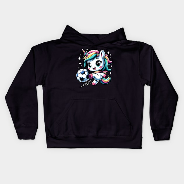 Cute Unicorn Playing Soccer Kids Hoodie by Daytone